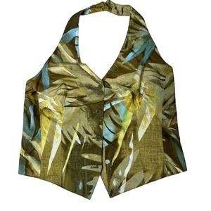 Marc Aurel y2k boho womens cotton button down neutral leaf halter vest size 38 M